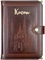 Ежедневник А5 датированный с кнопкой, тиснение кожи "Казань", горячее тиснение надписи фольгой под золото, металлические уголки